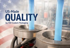 image of poly film extruder in TDI Custom Packaging plant with an image of a faded American flag in the background