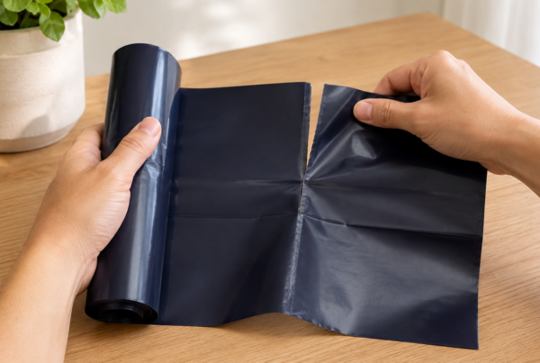 image of a hand tearing off a bag along perforated poly film, as manufactured by TDI Custom Packaging